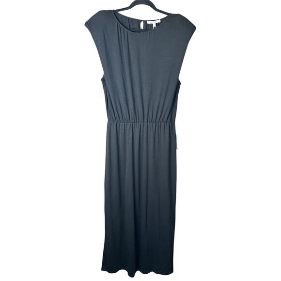 NWT WAYF Black Short Sleeve Shoulder Pad Fit Flare Slits Midi Dress Size Large - Picture 1 of 8